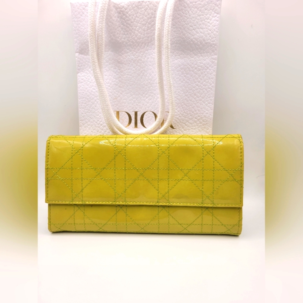 Lady Dior Lotus Cannage Neon Yellow Patent Calfskin Long Wallet